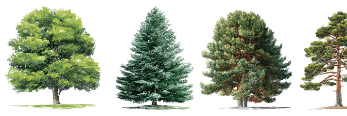 Four diverse trees, with varied shapes and foliage