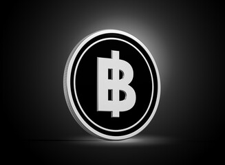 Shiny Silver And Black Rounded Thailand Baht Coin Isolated On dark Background 3d Illustration