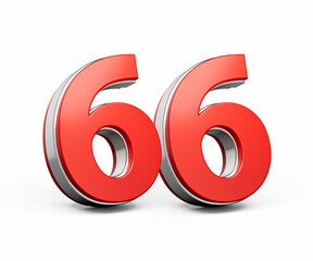 Bold Vibrant Red Number Sixty six Number 66 With Metallic On White Background 3D Illustration