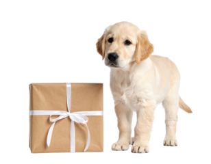 A golden retriever puppy stands beside a neatly wrapped gift box with a white ribbon.