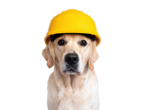 A golden retriever wearing a bright yellow construction helmet, showcasing a blend of charm and readiness for work.
