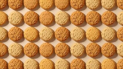 A high-resolution seamless wallpaper background featuring various types of dry biscuits — butter biscuits, plain tea biscuits, and crunchy cookies — arranged in a neat repeating pattern.