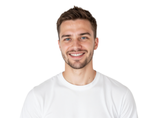 Young man smiles brightly in casual white t-shirt, showcasing a friendly and approachable demeanor in a neutral setting