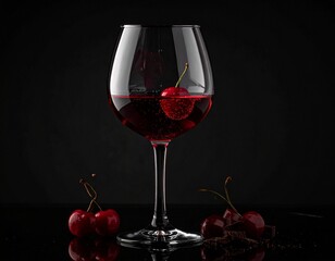Elegant Wine Glass Filled with Red Wine, Garnished with Cherry and Dark Chocolate Pieces on Black Surface