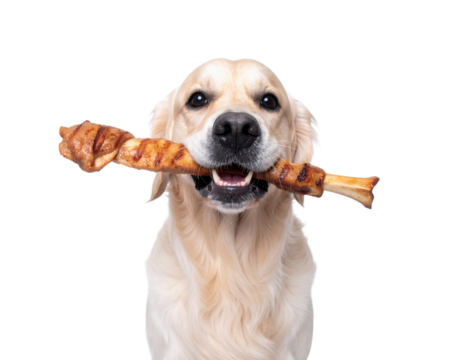 A golden retriever happily holds a large, grilled bone in its mouth, showcasing a joyful expression.