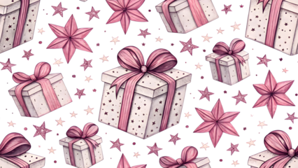 Seamless pattern with gift boxes and stars isolated on transparent background