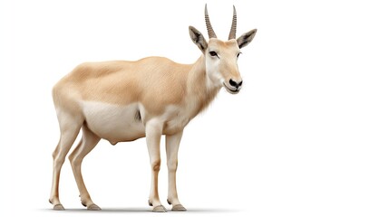 Fototapeta premium Saiga antelope, Saiga tatarica standing gracefully with curious look, isolated on white, realistic wildlife photography