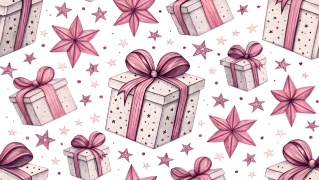 Seamless pattern with gift boxes and stars isolated on transparent background