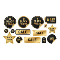 Collection of golden black friday sale stickers and labels