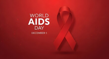 World aids day red ribbon symbol on a red background with text announcing the date december 1st, representing awareness and support for hivaids