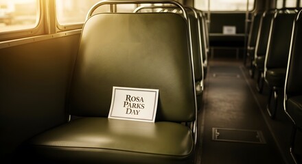 Empty seat on a bus with a sign that says rosa parks day, symbolizing a historical moment of protest and civil rights