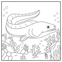 Black and white cartoon eel character (vector illustration), coloring book for children.	