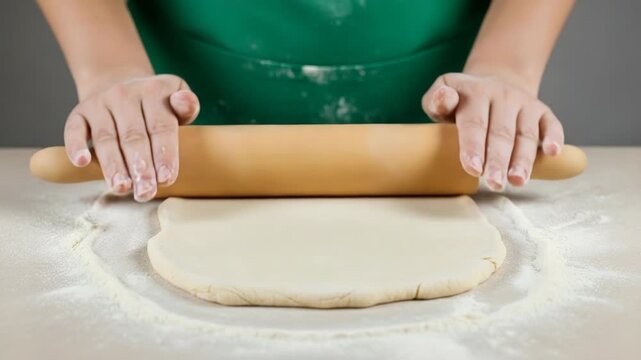 Baker rolling out dough with a wooden rolling pin