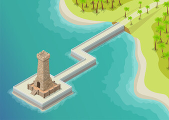 Isometric ancient tower castle on the beach connected by a bridge