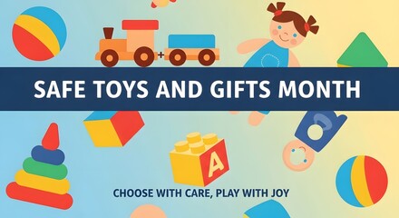 Safe toys and gifts month banner with colorful illustrations of toys, a train, and a child, promoting safe play
