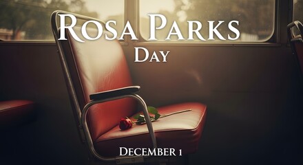Rosa parks day memorialized by an empty seat on a bus with a rose, evoking the courage and impact of her civil rights activism and the fight for equality