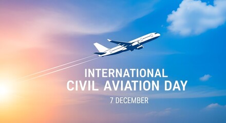 International civil aviation day on december 7th, featuring a commercial airplane flying through a vibrant sky at sunset