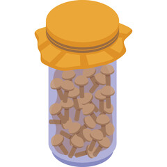 Isometric illustration of a clear glass jar filled with small brown mushrooms topped with a golden lid and orange fabric seal set against a white background