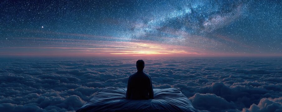 Floating in space dream concept bed concept. A person contemplating life beneath a stunning starry sky.