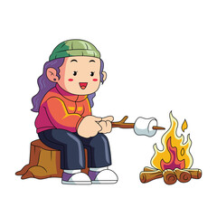 Woman Roasting Marshmallow Campfire Cooking