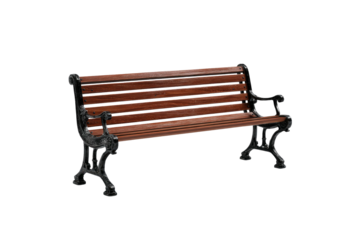 Ornate park bench wood slats, dark metal frame on black