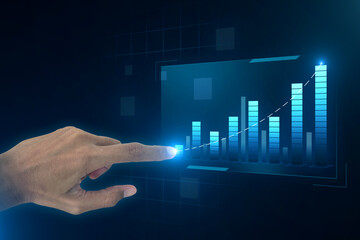 Businessman hand touching virtual digital hologram interface shows financial data analysis graphs or the stock market. style clean futuristic technology design.