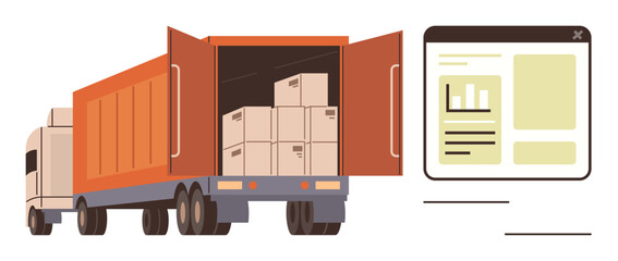 Cargo truck loaded with boxes and digital dashboard displaying data analytics. Ideal for logistics, transportation, supply chain, delivery, fleet management, inventory, e-commerce. Simple flat