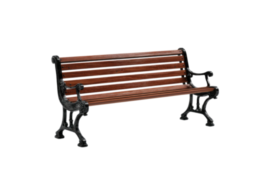 Ornate park bench wood slats, dark metal frame on black