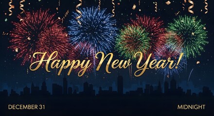A vibrant fireworks display illuminates the night sky above a silhouetted cityscape, with the text happy new year and december 31 midnight displayed