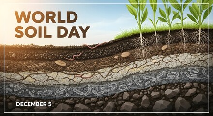 World soil day illustration with layers of soil, plant roots, and text world soil day and december 5