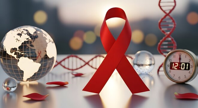 Red ribbon symbol for aids awareness with globe, dna helix, clock, and rose petals