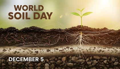 World soil day on december 5th, featuring a crosssection of soil with plant roots and a seedling growing, highlighting soil health and agriculture