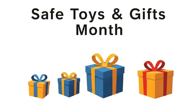Safe toys gifts month a collection of colorful gift boxes in various sizes, tied with ribbons, promoting safety during the holiday season and giftgiving