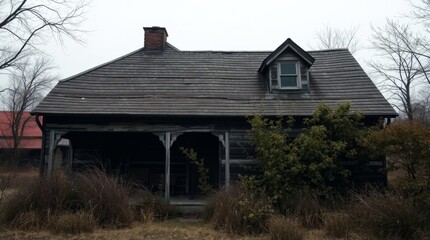 Weathered Elegance: A solitary, aged house, its wooden structure tells a tale of bygone eras, standing amidst a landscape with a touch of melancholy