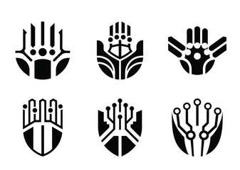 Set of conceptual logos depicting hands or shields with technology motifs