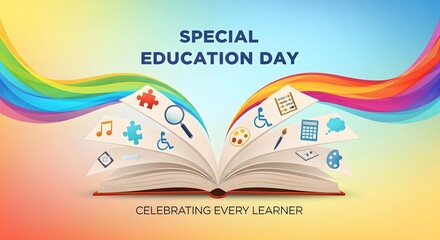 An open book with colorful ribbons and educational icons, representing special education day and celebrating every learner