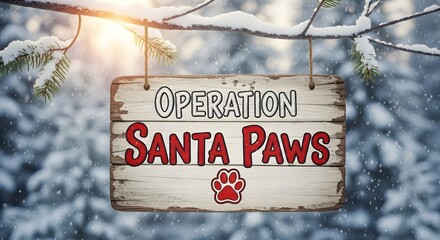 Operation santa paws sign hanging on a snowy branch in a winter forest setting