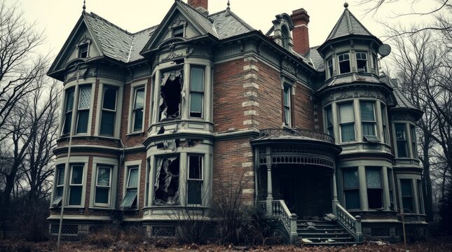 Abandoned Mansion: A stately mansion stands in desolate disrepair, its once-grand facade now marked by broken windows and overgrown surroundings, evoking a sense of forgotten grandeur.