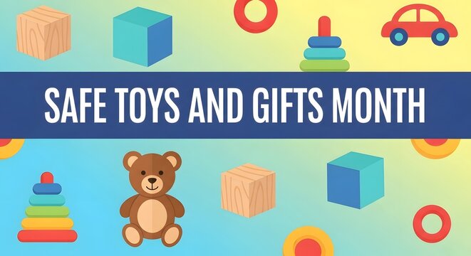 Safe toys and gifts month with various childrens toys and a car illustration on a gradient background - Powered by Adobe