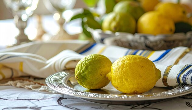Traditional Jewish tallit prayer shawl on table during religious Sukkot festival, etrog fruit on silver plate.