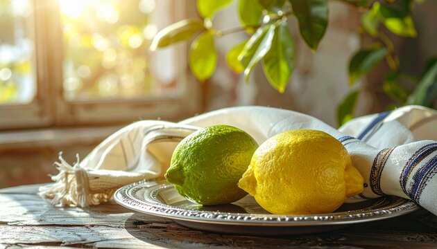 Traditional Jewish tallit prayer shawl on table during religious Sukkot festival, etrog fruit on silver plate.