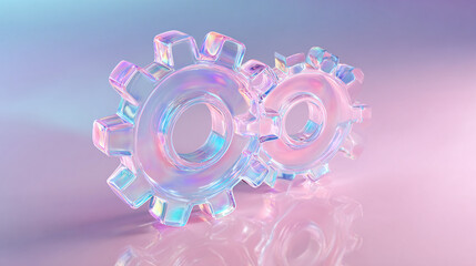 Two iridescent gears meshing together, a symbol of collaboration and efficiency, against a pastel gradient backdrop