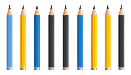 Set Pencil Blue, Black and Yellow, Isolated on Transparent Background