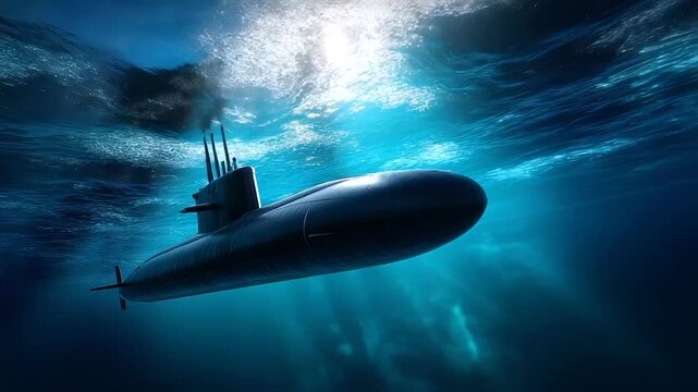 Faceless cinematic underwater view of a submarine ascending toward the surface, defocused sunlight filtering through deep blue water, with copy space.