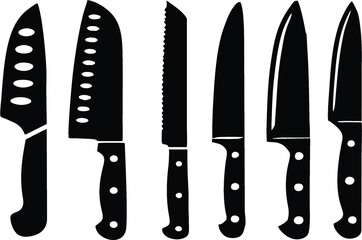 Vintage knives icons. Meat knife, fork, Butcher chef knife. Kitchen Knives Including Chef Paring and Bread Knives Displayed on a Clean White Background. EPS 10