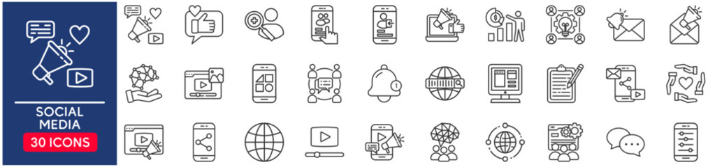 Social Media Web Icon Set in Line Style. vector illustration concept relate to share, censoring, news, comment, communication, profile, app, buttons, graphic, marketing