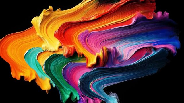 Vibrant, thick acrylic paint strokes swirling and mixing in an abstract, colorful motion background