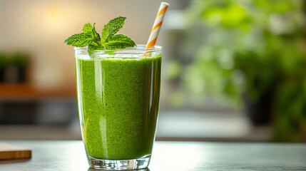 A vibrant green smoothie sits on a clean kitchen counter, sunlight streaming through nearby windows&mdash;fresh, healthy, and naturally glowing in a serene morning atmosphere.
