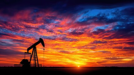 Silhouette of oil pump jack against sunset sky concept. Silhouette of oil pump against a vibrant sunset sky.