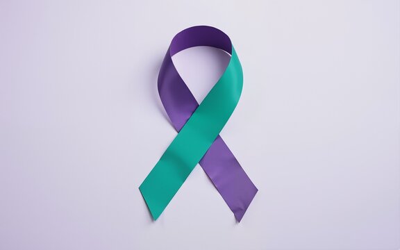Suicide prevention awareness day with a teal and purple ribbon. High quality